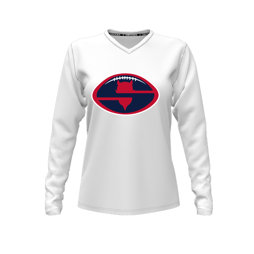 [CUS-DFW-TEES-PER-VNK-LSL-WHT-FYXS-LOGO1] Performance T-Shirt (Female Youth XS, White, V Neck, Logo 1, Long Sleeve)