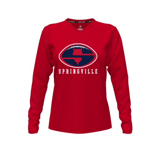 [CUS-DFW-TEES-PER-VNK-LSL-RED-FYXS-LOGO2] Performance T-Shirt (Female Youth XS, Red, V Neck, Logo 2, Long Sleeve)